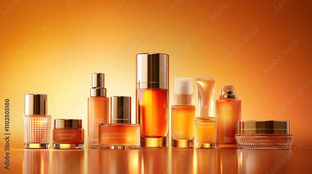 A collection of skincare products arranged aesthetically against a warm orange background. A collection of skincare products arranged aesthetically against a warm orange background.