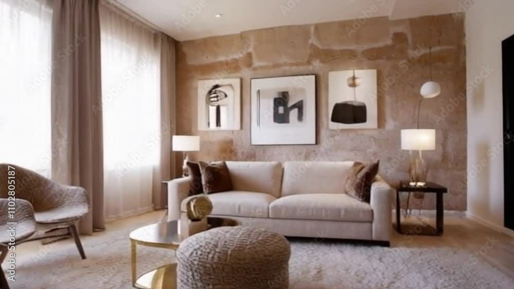 Minimalist, loft home interior of the modern living room. Room with soft boucle chairs and sofa against the stucc wall, abstract art, and a neutral color palette, creating a serene and elegant space. 