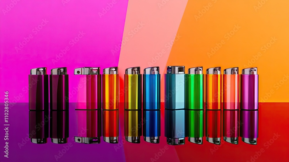 Obraz premium Colorful Lighters on Reflective Surface with Vibrant Backgrounds