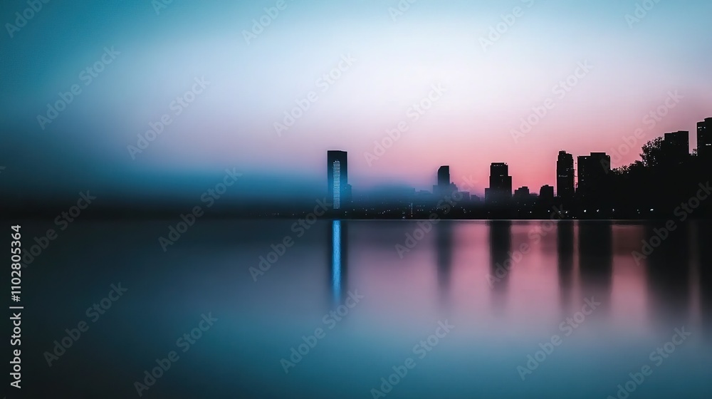 Naklejka premium Serene Cityscape at Dusk with Misty Water Reflection Perfect for Atmospheric and Urban Lifestyle Photography, Capturing Tranquility and Urban Beauty in One Frame