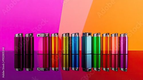 Colorful Lighters on Reflective Surface with Vibrant Backgrounds