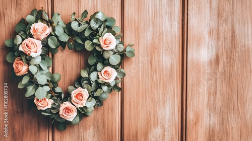 Heart shaped wreath hanging on rustic wooden door