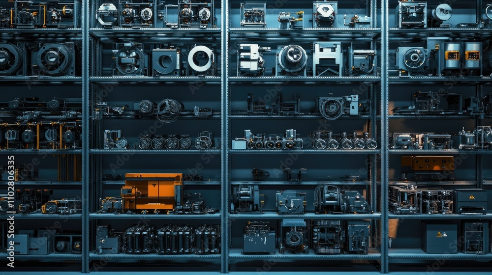 Obraz premium A Detailed View of an Industrial Workshop Filled with Various Tools, Machinery, and Equipment Shelving a Comprehensive Collection of Components and Gears