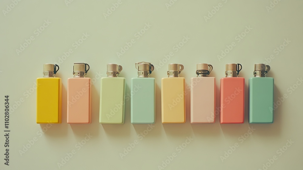 Colorful Lighters Arranged in a Row on a Pale Background