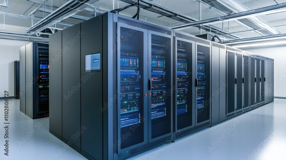 Modern Data Center Interior Featuring Rows of High-Tech Server Racks with Advanced Cooling Systems in a Brightly Lit Environment Modern Data Center Interior Featuring Rows of High-Tech Server Racks with Advanced Cooling Systems in a Brightly Lit Environment