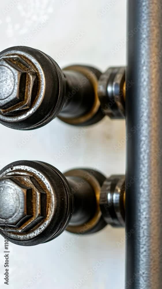 Close-up view of metal components with hexagonal bolts in a workshop setting during daylight hours Close-up view of metal components with hexagonal bolts in a workshop setting during daylight hours