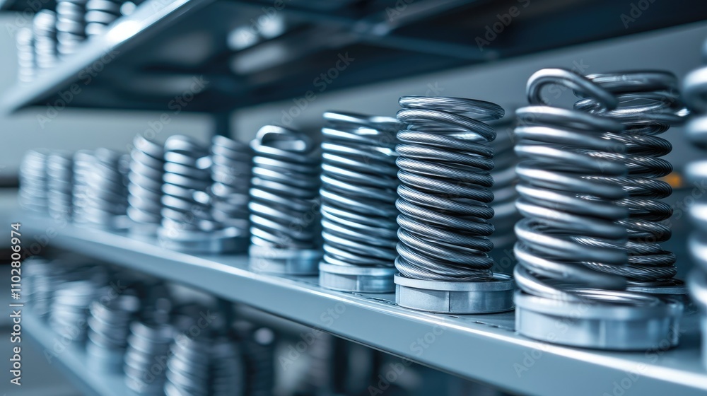 Detailed Close-Up of Metallic Coil Springs Displayed on a Neatly Organized Shelving Unit in an Industrial Workshop Setting Detailed Close-Up of Metallic Coil Springs Displayed on a Neatly Organized Shelving Unit in an Industrial Workshop Setting