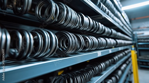 Industrial Storage of Metal Rings in Warehouse Shelves with Clear Focus on Precision Engineering and Organization in Manufacturing Environment