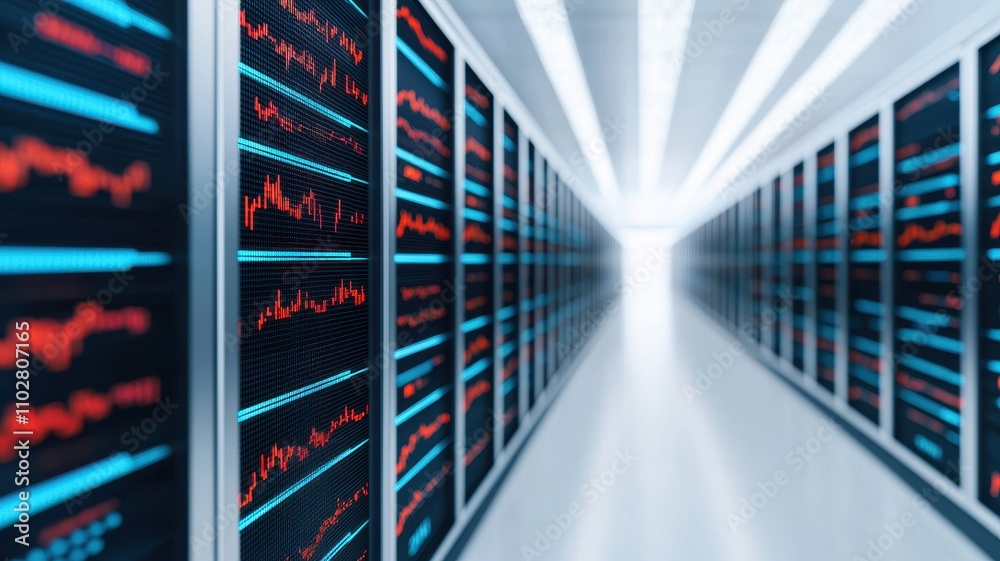 A modern data center corridor lined with server racks, displaying digital data graphs in vibrant colors, representing advanced technology and connectivity. A modern data center corridor lined with server racks, displaying digital data graphs in vibrant colors, representing advanced technology and connectivity.