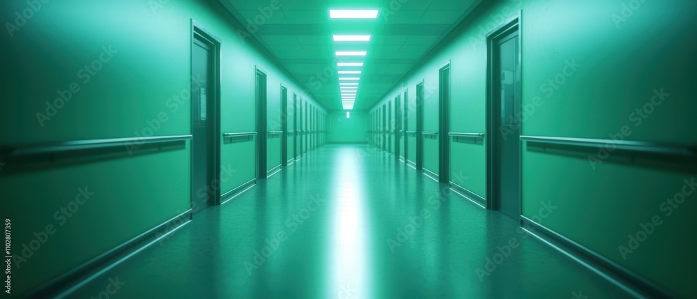 Obraz premium A dimly lit corridor with green lighting, featuring multiple doors lined along the walls, creating an eerie and mysterious atmosphere.