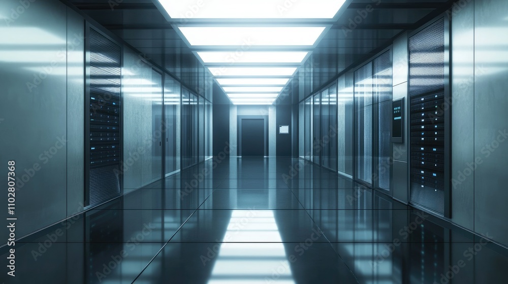 Modern Data Center Corridor with Sleek Reflective Floors and High-Tech Server Racks Illuminated by Bright Fluorescent Lighting Modern Data Center Corridor with Sleek Reflective Floors and High-Tech Server Racks Illuminated by Bright Fluorescent Lighting