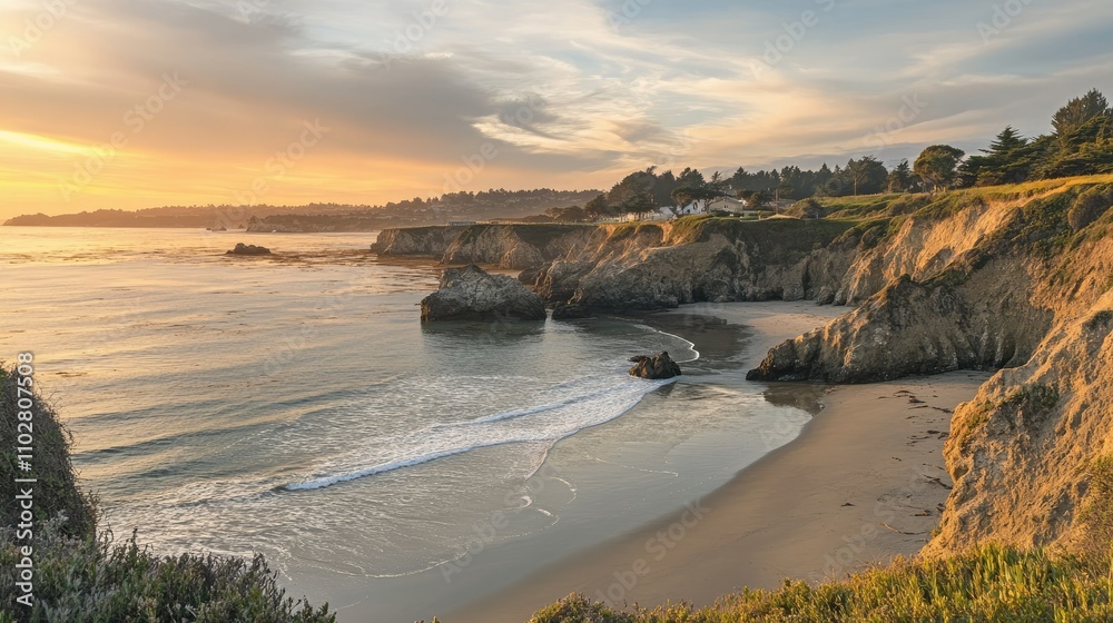 Serene Coastal Sunset Over Cliffs with Gentle Waves and Sandy Beach, Perfect for Nature and Landscape Photography, Evoking Tranquility and Beauty Serene Coastal Sunset Over Cliffs with Gentle Waves and Sandy Beach, Perfect for Nature and Landscape Photography, Evoking Tranquility and Beauty