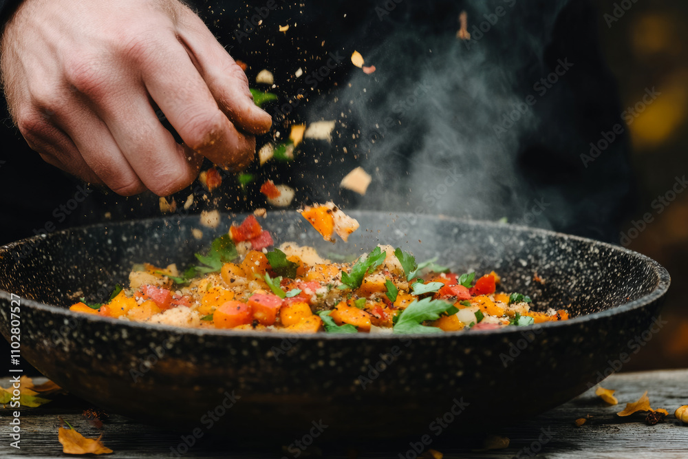 A chef is sprinkling spices on a bowl of food A chef is sprinkling spices on a bowl of food