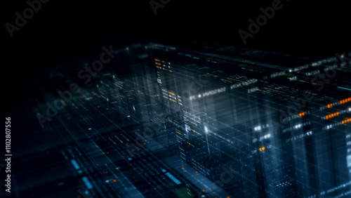 Futuristic network simulation blending AI, quantum physics, and deep learning, with a particle matrix analyzing data in a sleek, HUD-style interface