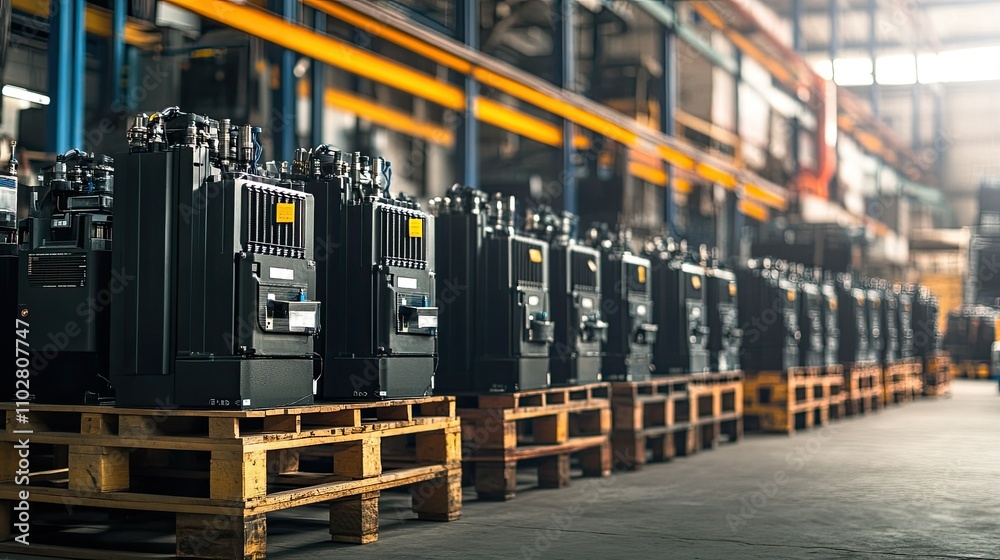 Industrial Warehouse with Rows of Heavy Machinery on Wooden Pallets, Showcasing an Organized Manufacturing Environment and Advanced Equipment for Production Industrial Warehouse with Rows of Heavy Machinery on Wooden Pallets, Showcasing an Organized Manufacturing Environment and Advanced Equipment for Production