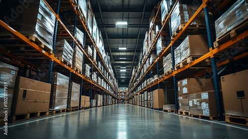 Amazon warehouse logistics, Industrial setting, Efficient warehouse operations, Wide-angle lens, Dynamic and busy atmosphere