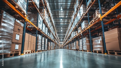 Amazon warehouse logistics, Industrial setting, Efficient warehouse operations, Wide-angle lens, Dynamic and busy atmosphere