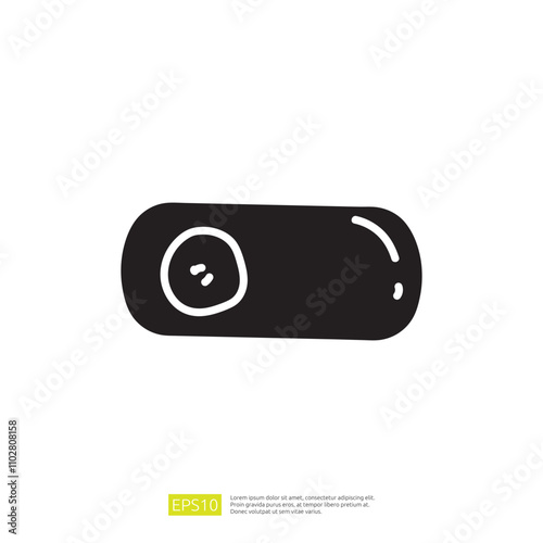 A simple, stylized illustration of an oval-shaped object with a circular detail, possibly representing a button or a small gadget.