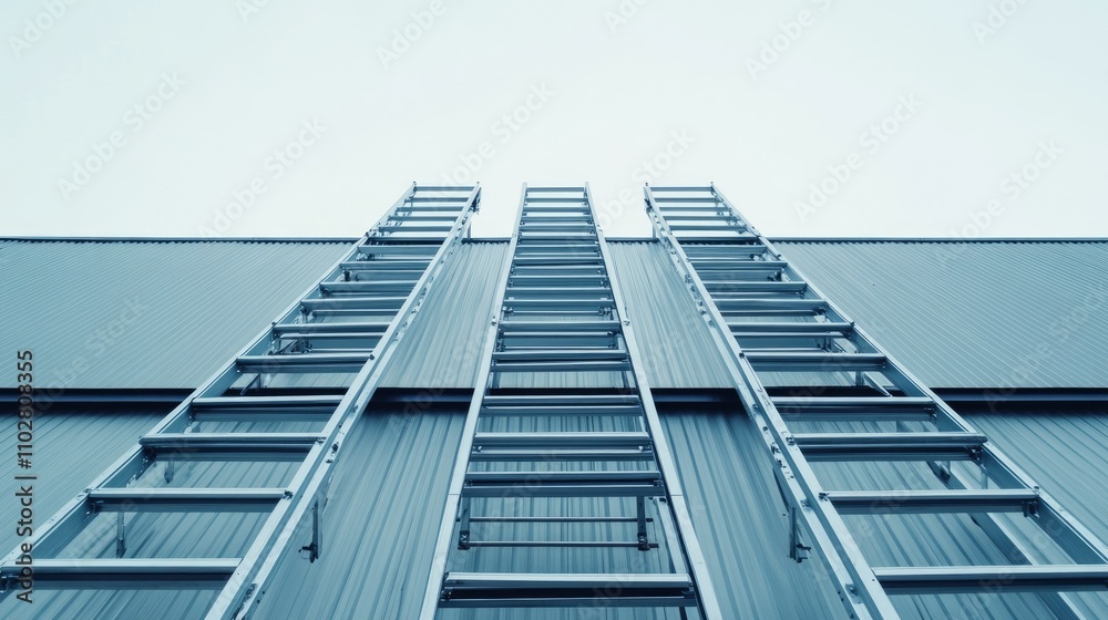 Vertical Perspective of Aluminum Ladders Stacked Against a Modern Industrial Building Under Clear Sky for Construction and Renovation Projects Vertical Perspective of Aluminum Ladders Stacked Against a Modern Industrial Building Under Clear Sky for Construction and Renovation Projects