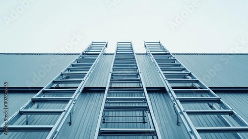 Vertical Perspective of Aluminum Ladders Stacked Against a Modern Industrial Building Under Clear Sky for Construction and Renovation Projects