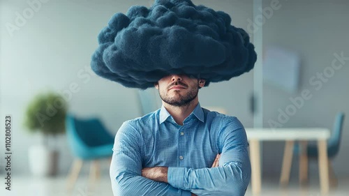 A man stands confidently with a dark cloud over his head, stress or confusion