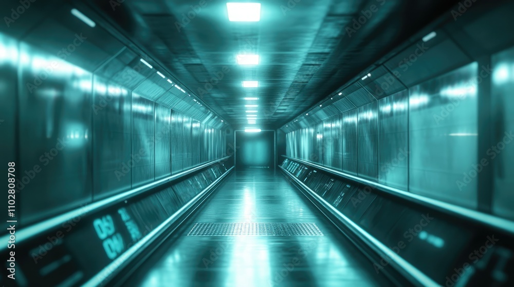 Fototapeta premium Futuristic Empty Tunnel with Neon Lighting and Sleek Design, Evoking a Sense of Isolation and Modernity in a High-Tech Environment
