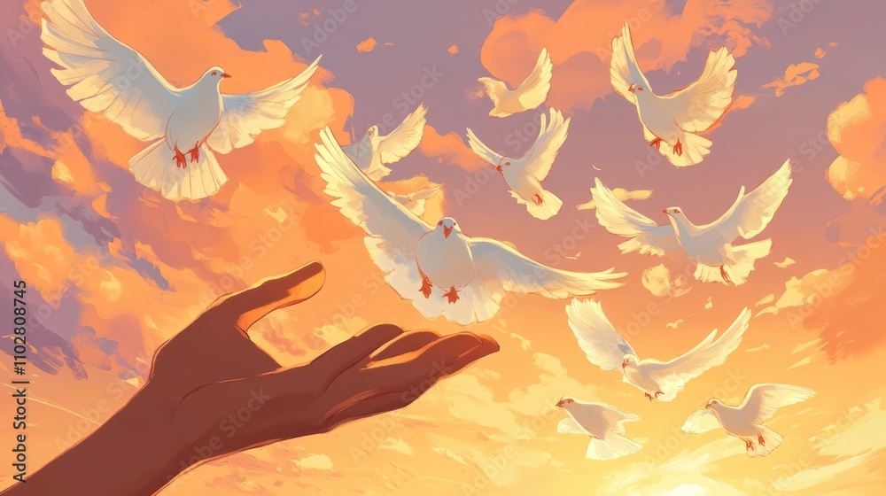 A hand reaches out as doves soar against a vibrant sunset sky, symbolizing peace and freedom. A hand reaches out as doves soar against a vibrant sunset sky, symbolizing peace and freedom.
