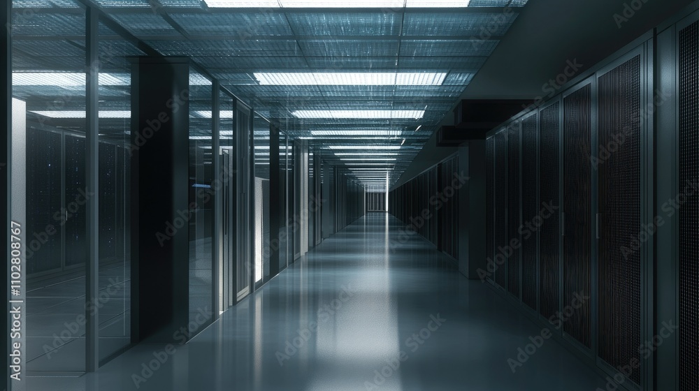 Futuristic Data Center Corridor with Modern Server Racks and Ambient Lights, Showcasing Advanced Technology and Contemporary Architecture Futuristic Data Center Corridor with Modern Server Racks and Ambient Lights, Showcasing Advanced Technology and Contemporary Architecture
