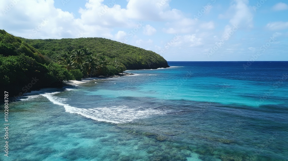Serene Tropical Beach with Clear Turquoise Waters and Lush Green Hills Under a Bright Blue Sky, Perfect for Relaxation and Travel Inspiration Serene Tropical Beach with Clear Turquoise Waters and Lush Green Hills Under a Bright Blue Sky, Perfect for Relaxation and Travel Inspiration