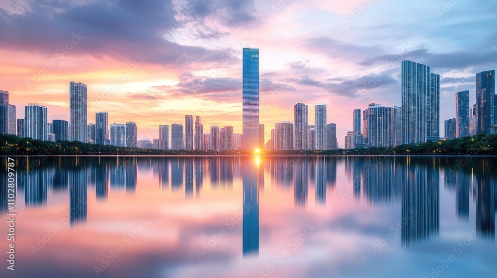 Obraz premium City skyline with modern buildings reflected in calm water at sunset.