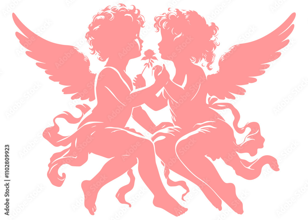 Fototapeta premium couple of angel with wings, Angel of love, Cherub with wings isolated on white, vector art, ready for card or invitation, save the date party. valentine's day.