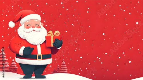 Santa Claus holding a gift bag, red background
