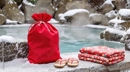 Santa’s gift bag by steaming Japanese onsen, festive scene with cultural charm, stock photo photo