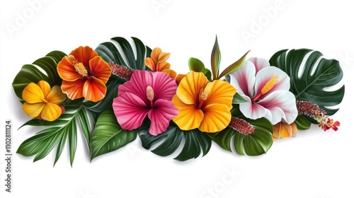 Wallpaper Mural Artistic set of colorful tropical flowers featuring hibiscus, heliconia, and monstera leaves on white Torontodigital.ca