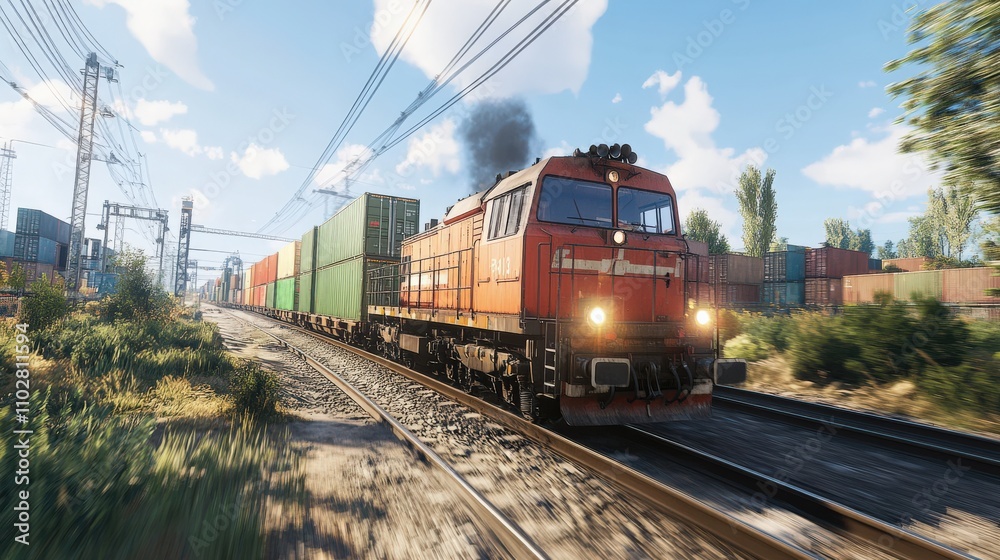 Naklejka premium High-speed logistics train carrying cargo containers on industrial tracks, showcasing efficient freight transportation.