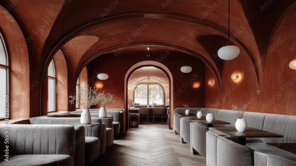 Obraz premium Rustic, elegant cafe interior with warm terracotta walls, arched doorways, and plush seating.