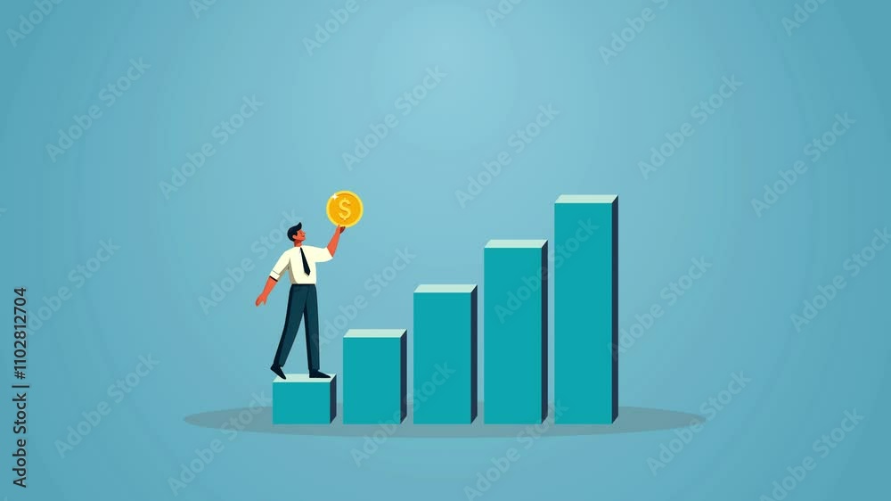 Empowering Success, Animation of a businessman standing on a financial graph, Towards Financial Growth