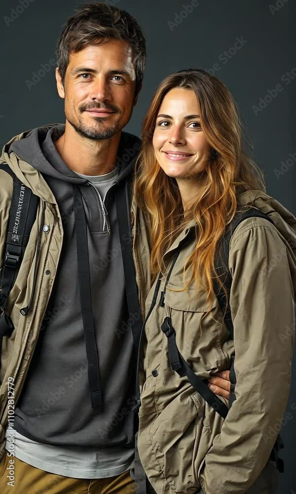 Urban intrepid pair posing in a studio on a grey background with backpacks
Urban intrepid pair posing in a studio on a grey background with backpacks