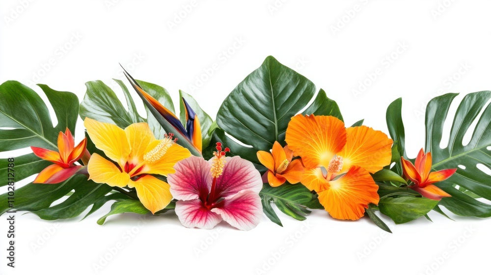 Exotic flower set with bird of paradise, hibiscus, and tropical foliage, isolated on a clean white background Exotic flower set with bird of paradise, hibiscus, and tropical foliage, isolated on a clean white background