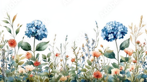 A watercolor illustration of blooming flowers, featuring blue hydrangeas and colorful blossoms.