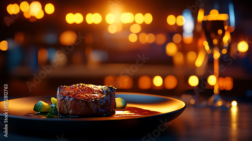 Medium rare steak with a rich sauce drizzle, chic luxury dining atmosphere, ultrarealistic