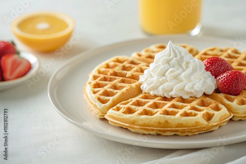 Delicious Waffles with Whipped Cream and Strawberries