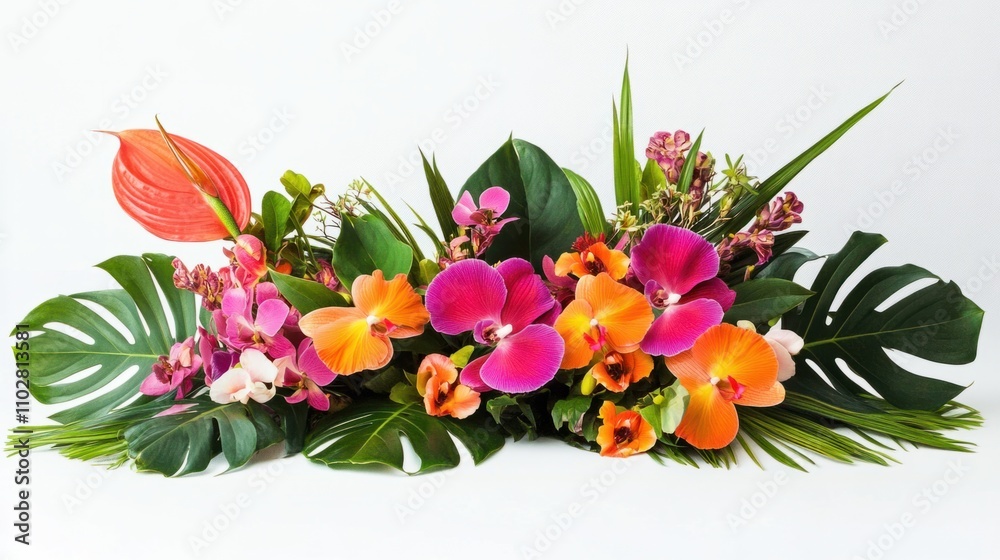 Obraz premium Stunning arrangement of tropical flowers featuring orchids, hibiscus, and lush green leaves on a white background
