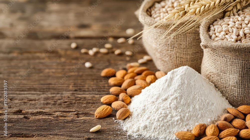 Almonds and flour on rustic wooden surface with burlap sacks of grains. Almonds and flour on rustic wooden surface with burlap sacks of grains.