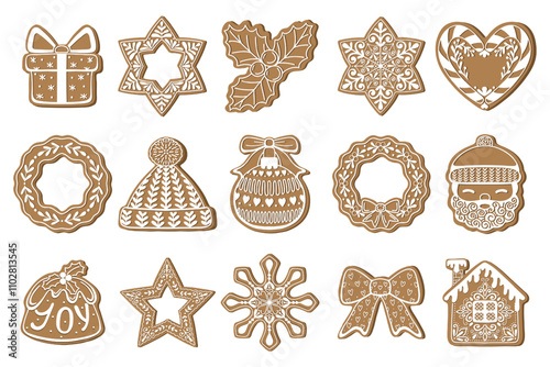 Set of isolated gingerbread cookies. Traditional Christmas sweets collection. Vector flat illustration. Christmas food icons
