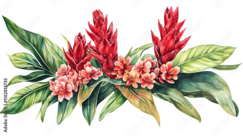 Obraz premium Stunning set of tropical blooms featuring red gingers and lush foliage, isolated on a white background