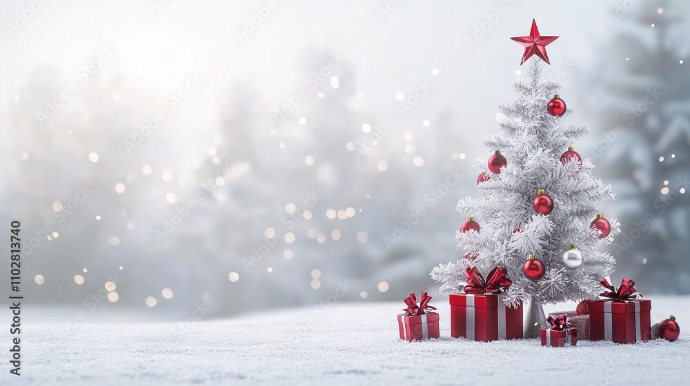 Obraz premium Christmas tree and snow background. Gorgeous elegant Christmas tree with gifts in red and silver on a panoramic snow background 