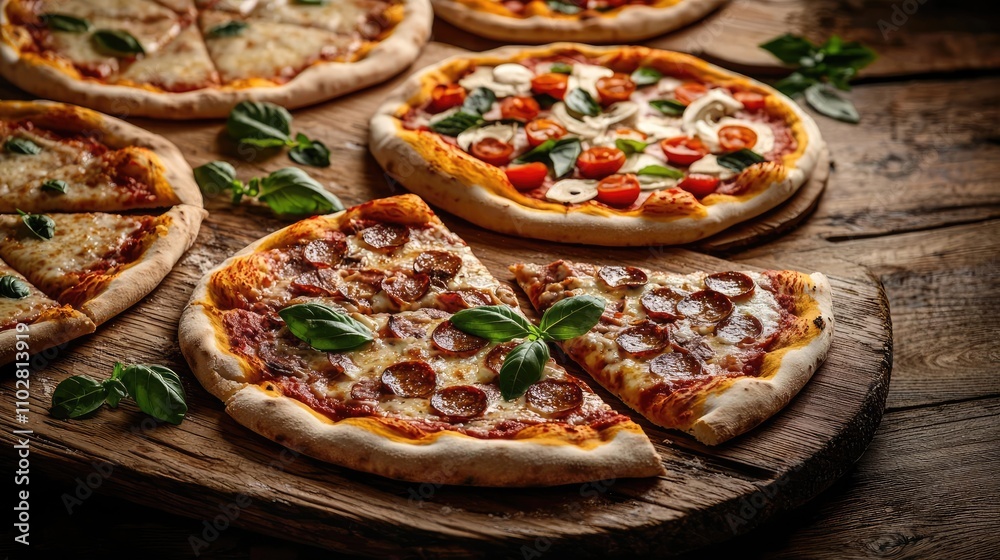 Delicious pizzas with fresh ingredients on a wooden board, perfect for sharing. Delicious pizzas with fresh ingredients on a wooden board, perfect for sharing.