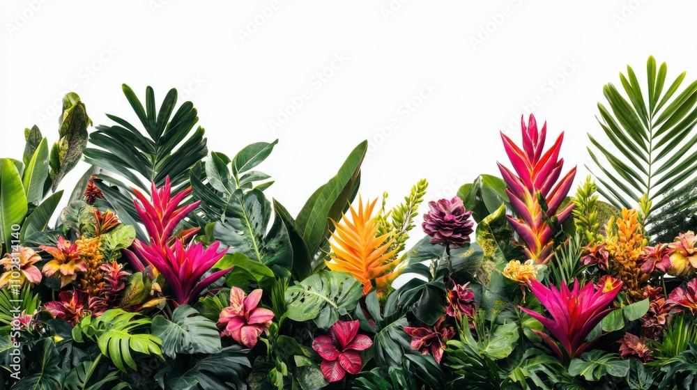 Fototapeta premium Tropical flower display featuring colorful gingers and lush greenery, isolated on a clean white background