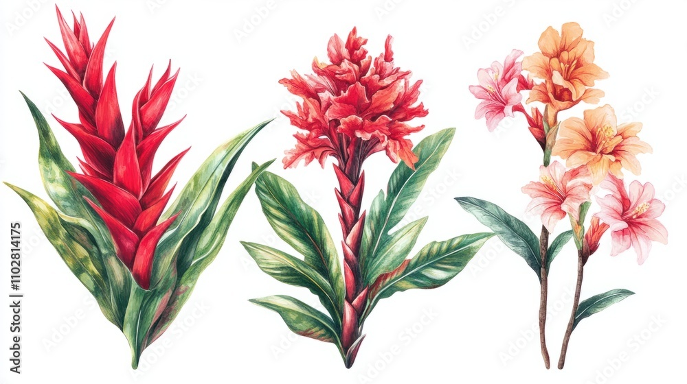 Tropical flower set featuring bold red gingers and vibrant heliconias, isolated on white Tropical flower set featuring bold red gingers and vibrant heliconias, isolated on white